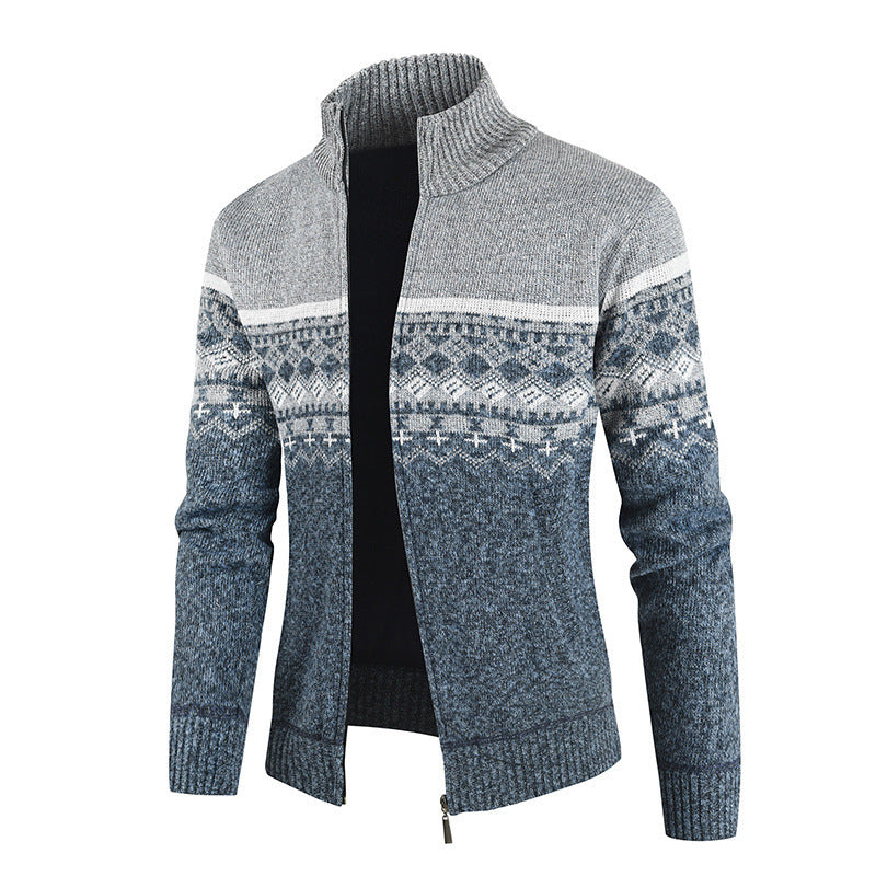 Herren Strickjacke mit Wintermuster und hohem Stehkragen R&B