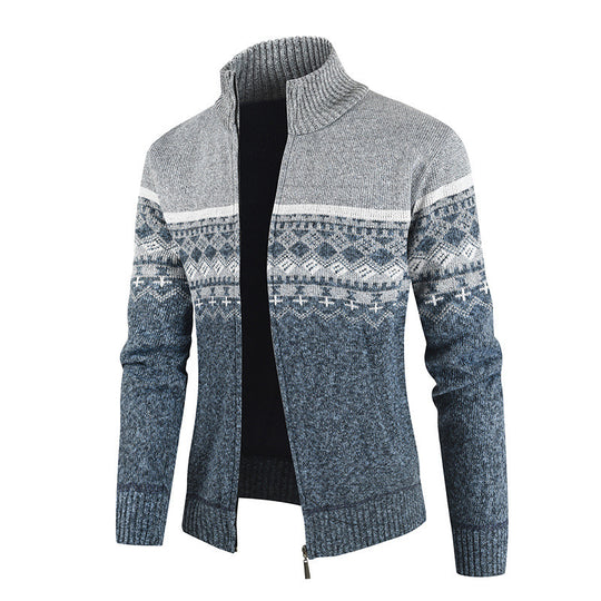 Herren Strickjacke mit Wintermuster und hohem Stehkragen R&B