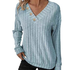 Damen lässiger V-Ausschnitt Pullover mit Knopfdetails und feinem Rippenmuster R&B