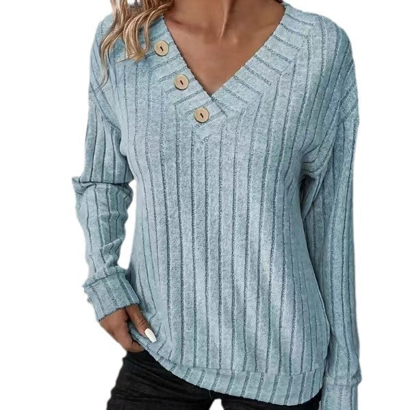 Damen lässiger V-Ausschnitt Pullover mit Knopfdetails und feinem Rippenmuster R&B