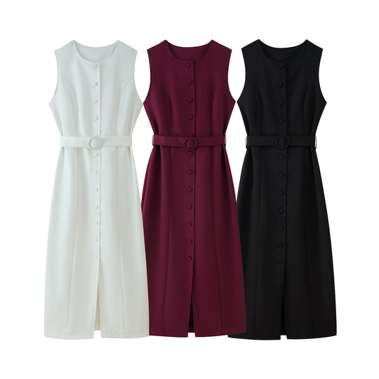 Damen ärmelloses Wickelkleid mit Knopfverschluss und Taillengürtel R&B