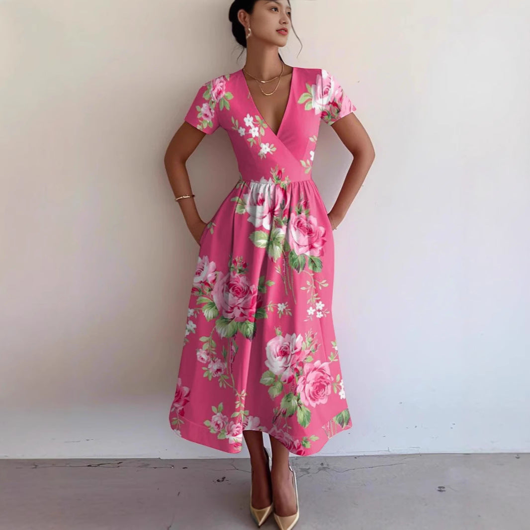 Damen Maxikleid mit tiefem V-Ausschnitt und modischem Streifenmuster R&B