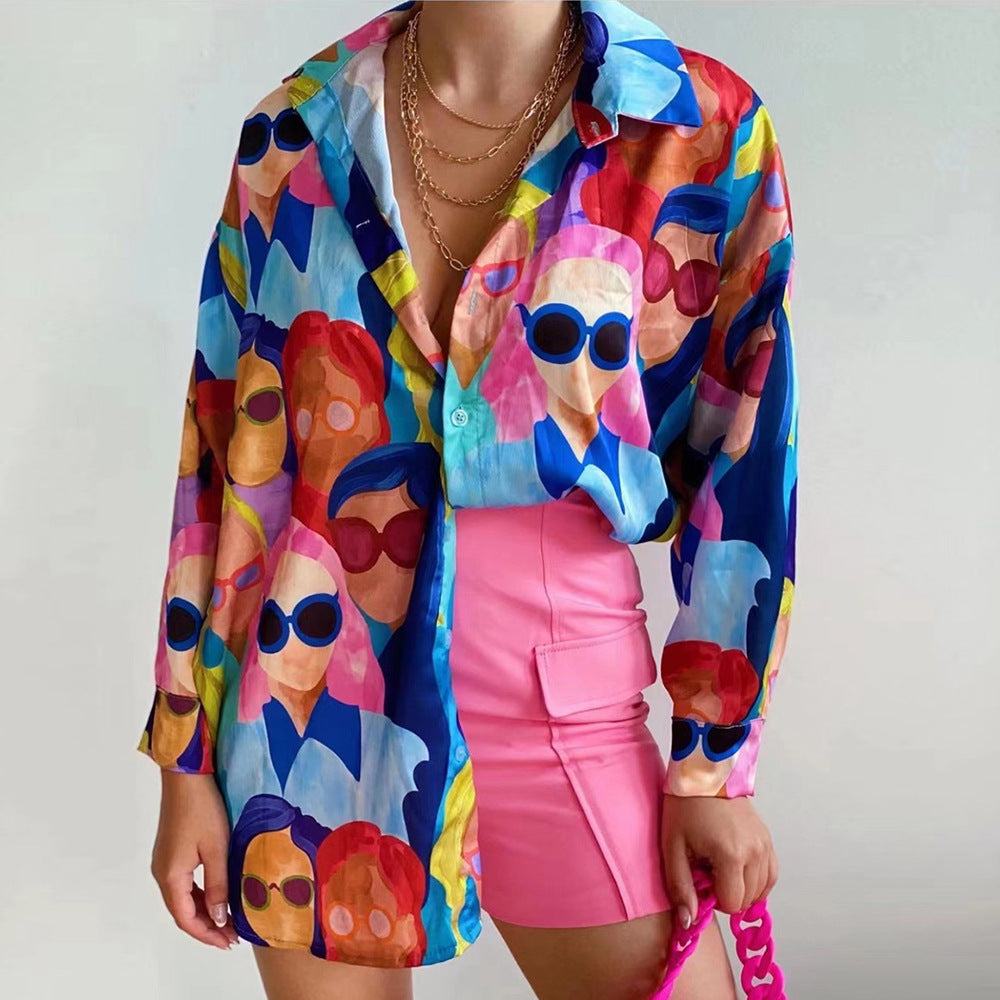 Damen Oversized Bluse mit buntem Grafikdruck R&B