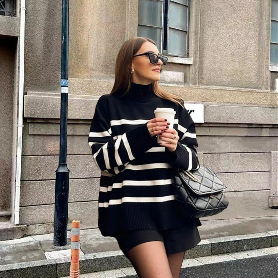 Damen Oversized Strickpullover mit hohem Kragen und trendigem Streifenmuster R&B