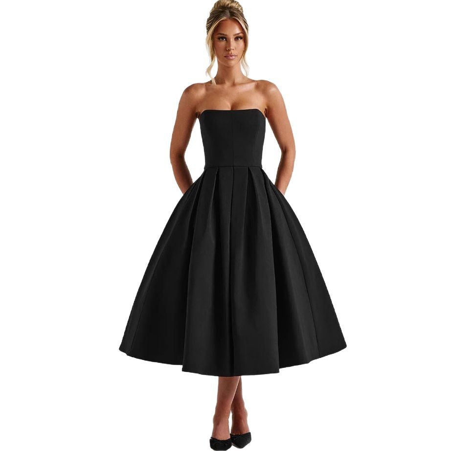 Damen A-Linien Abendkleid mit tiefem Wasserfallausschnitt und elegantem Plissee EB