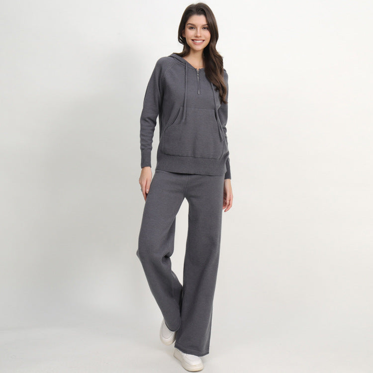 Damen lässiges Strick-Loungewear-Set mit Kapuze und weitem Bein R&B