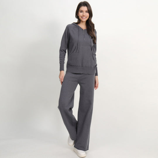 Damen lässiges Strick-Loungewear-Set mit Kapuze und weitem Bein R&B