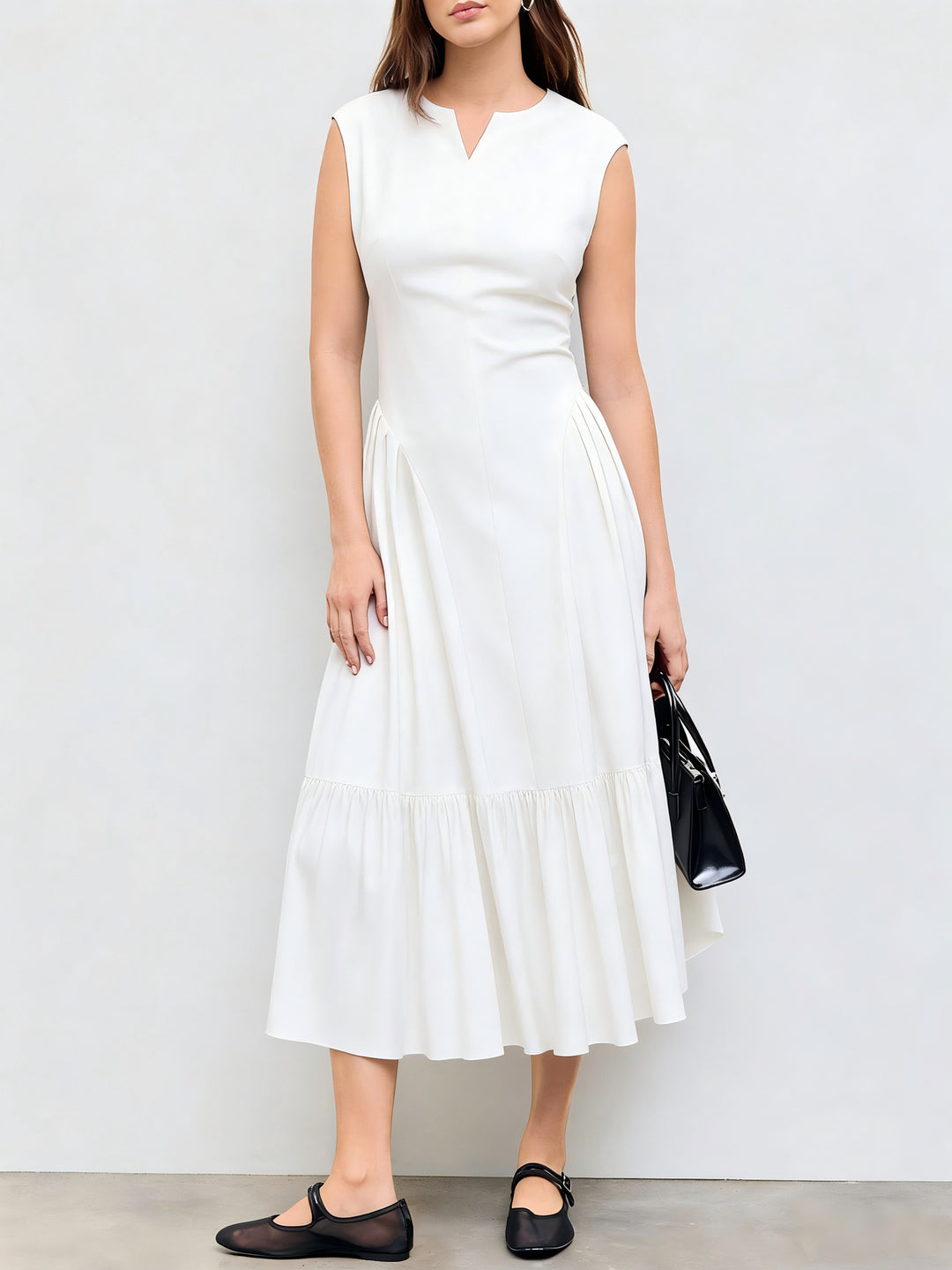 Damen elegantes Maxikleid mit voluminösen Falten und ärmellosem Design R&B