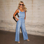 Damen lässiger Denim-Overall mit weitem Bein und verstellbaren Trägern R&B