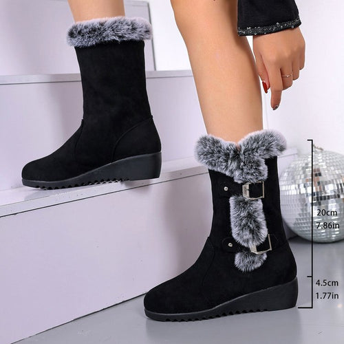 Damen Wedge-Stiefel mit gefüttertem Kunstfellkragen und verstellbaren Schnallen R&B