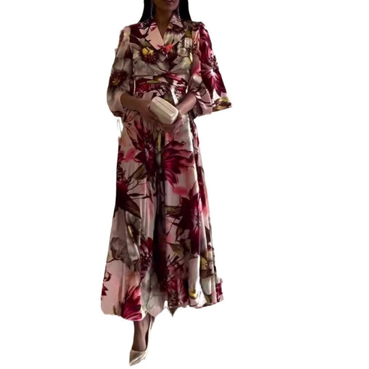 Damen nan Maxikleid mit Reverskragen, Kimonoärmeln und taillierendem Bindegürtel R&B