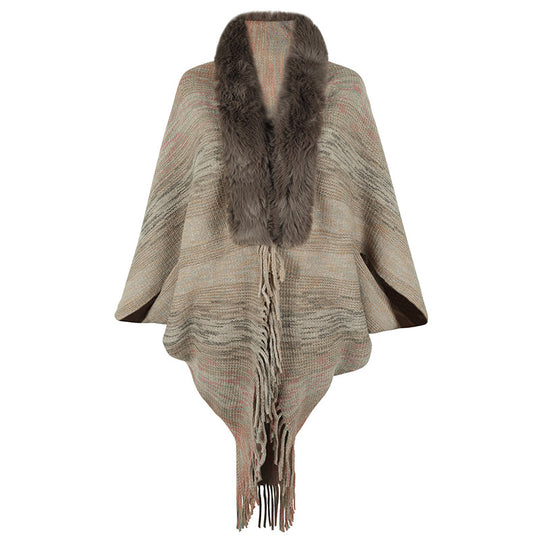 Damen eleganter Poncho mit luxuriösem Kunstfellkragen und fransigem Saum R&B