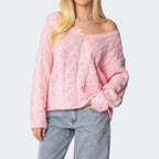 Damen Grobstrickpullover mit tiefem V-Ausschnitt und lässiger Silhouette