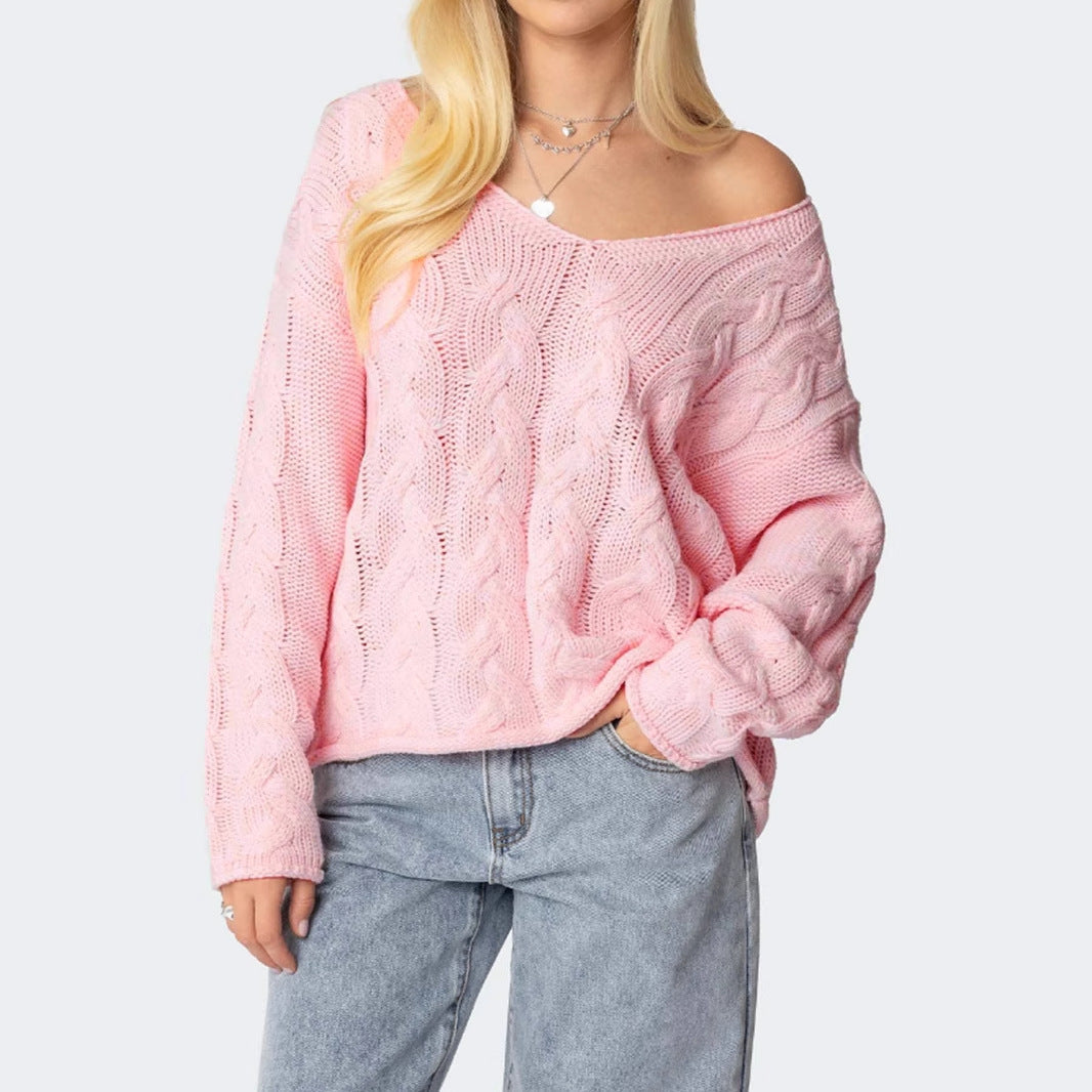 Damen Grobstrickpullover mit tiefem V-Ausschnitt und lässiger Silhouette