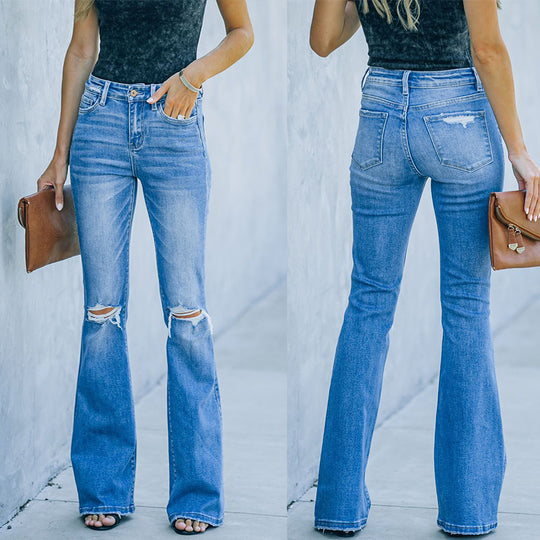 Damen Flared Jeans mit modischen Rissen und hohem Bund R&B