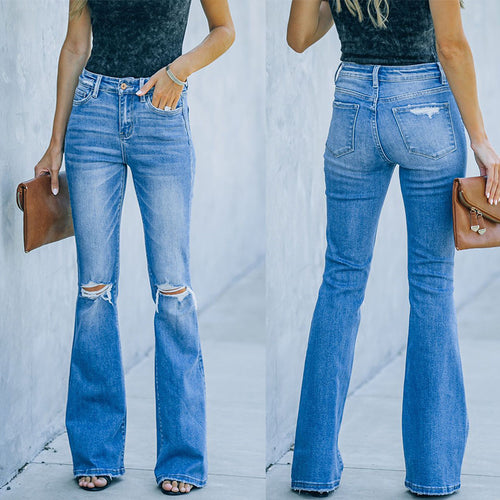 Damen Flared Jeans mit modischen Rissen und hohem Bund R&B