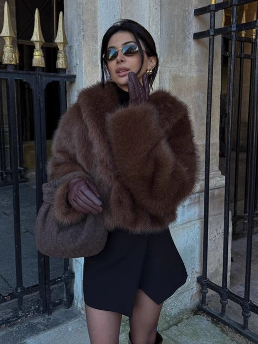 Damen Kuschelige Kunstpelzjacke mit Kapuze R&B