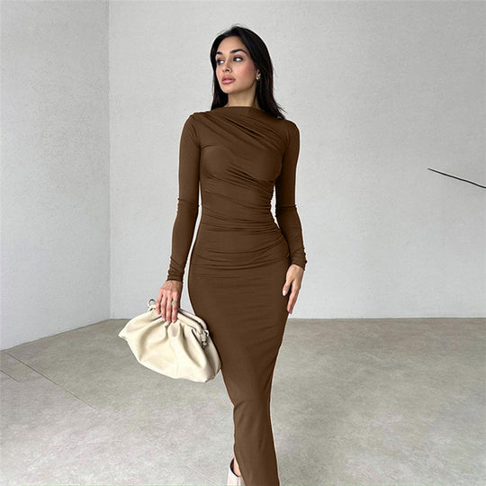Damen figurbetontes Langarmkleid mit raffiniertem Drapierungseffekt R&B