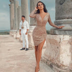 Damen Figurbetontes Glitzerkleid mit tiefem V-Ausschnitt und asymmetrischem Saum R&B