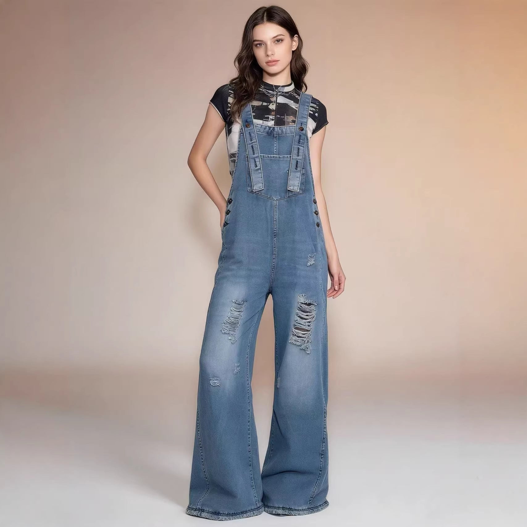 Damen Latzhose Jeans Damen mit weitem Bein und Rissdetails