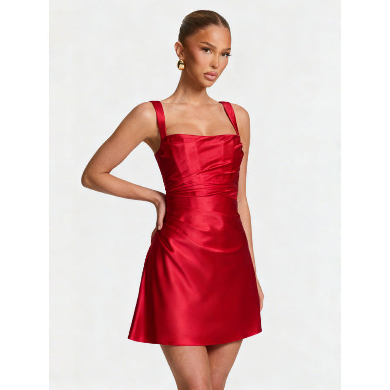 Damen Elegantes Satin-Minikleid mit breiten Schulterriemen R&B