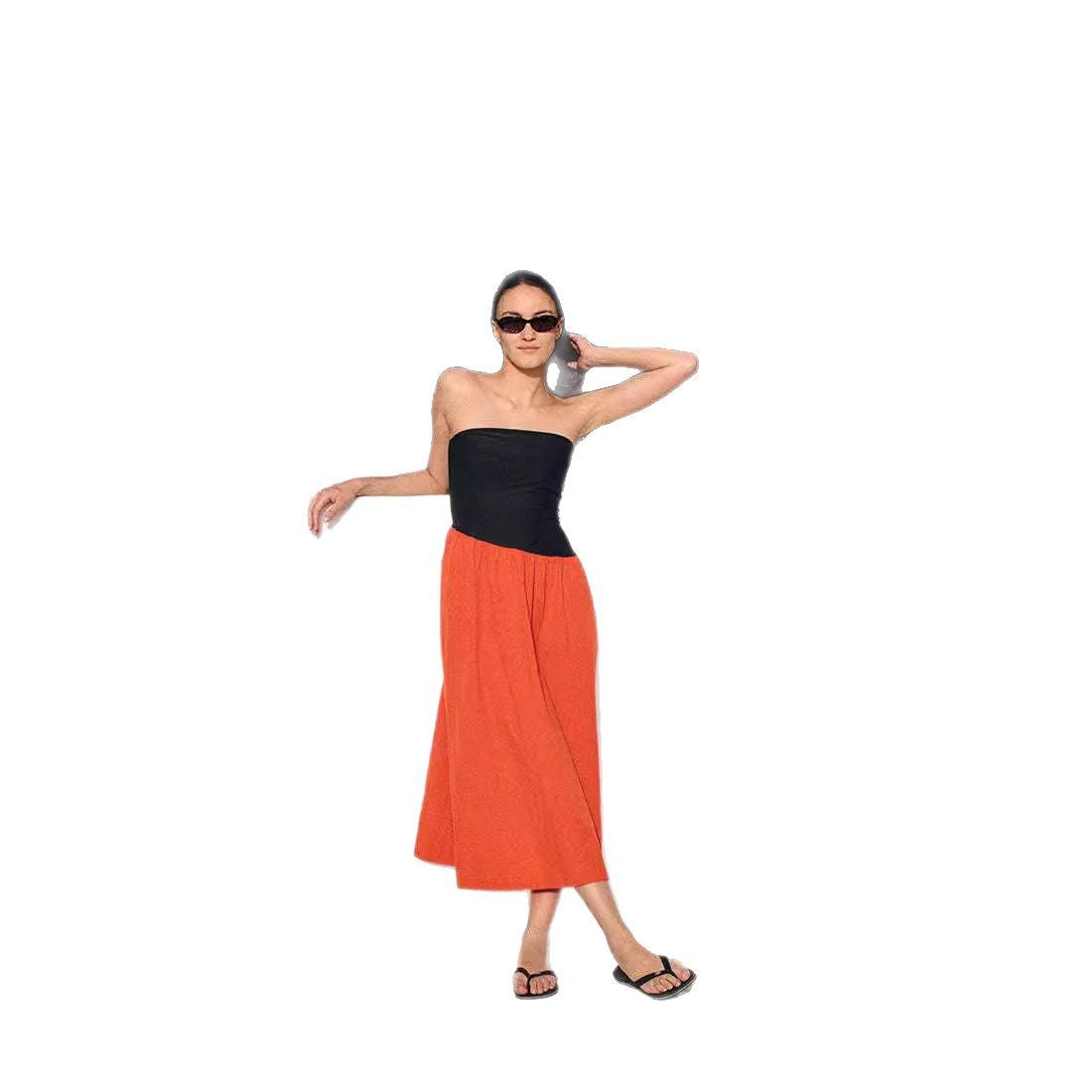 Damen ärmelloses Maxi-Kleid mit hochwertigem Oberteil und voluminösem Rock R&B