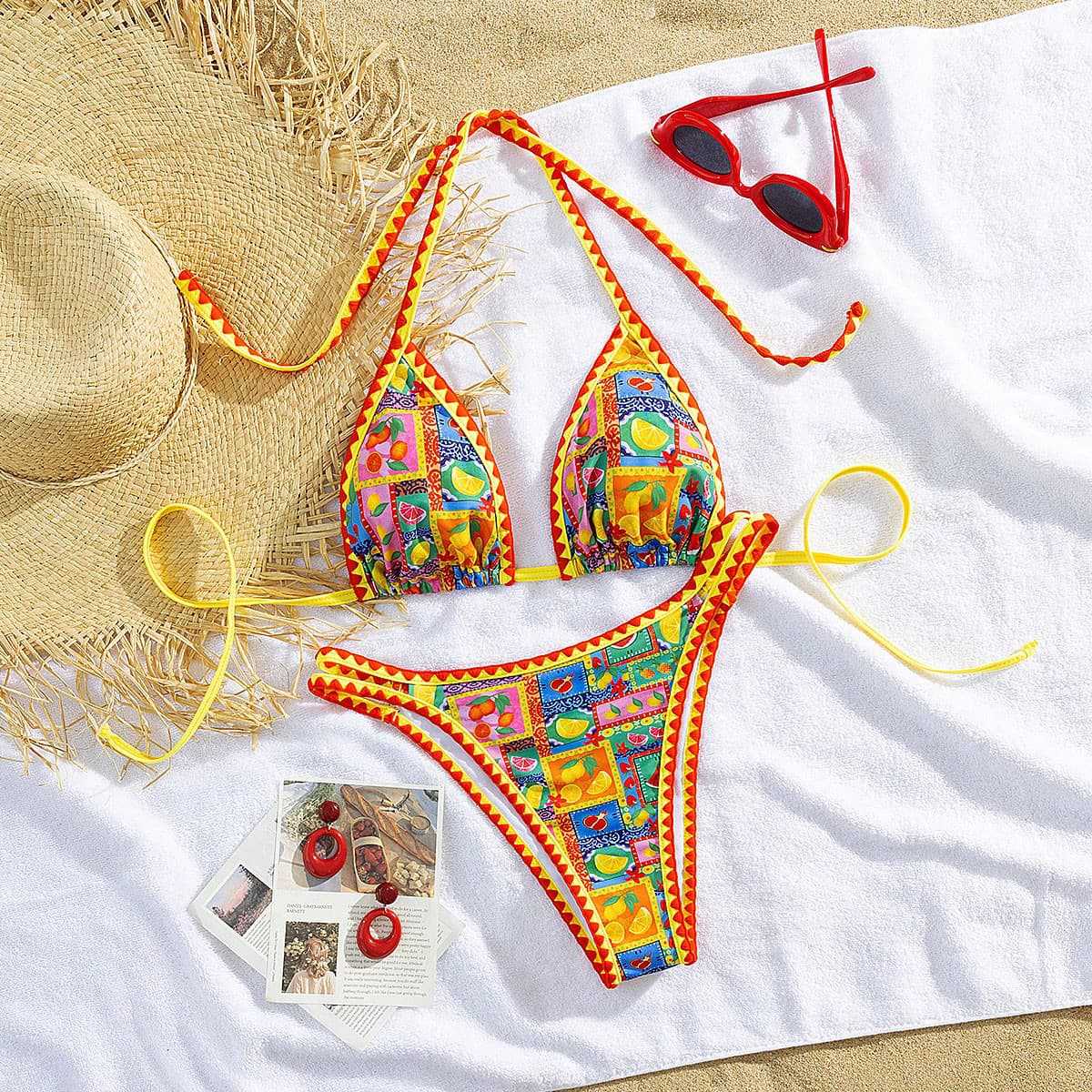 Damen Triangel-Bikini mit buntem Mustermix R&B