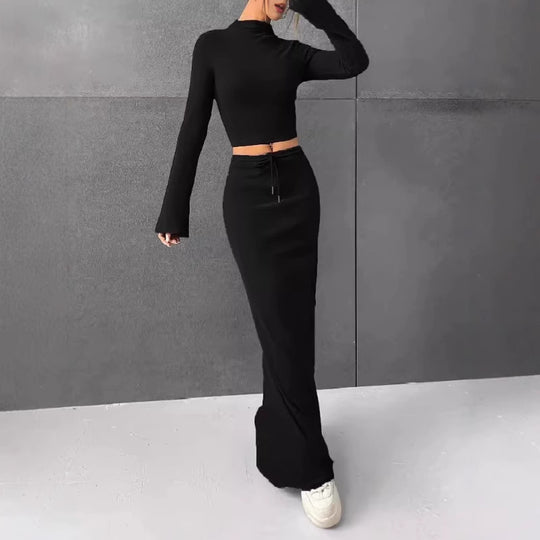 Damen Elegantes und komfortables Crop-Top mit langem Ärmel und Maxi-Rock R&B