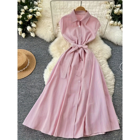 Damen Langarm Hemdblusenkleid mit Gürtel und gestreiftem Design R&B