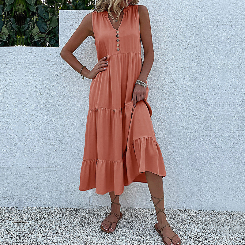 Damen Maxikleid mit Knopfdetail und voluminösem Rock R&B