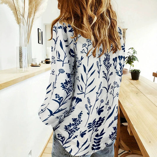 Damen nan lockere Leinenoptik-Bluse mit V-Ausschnitt botanischem Alloverprint und Dreiviertelärmeln R&B