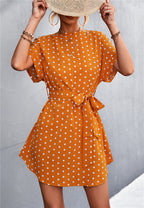 Damen Freizeitkleid mit modischem Punkte-Muster und Taillengürtel R&B