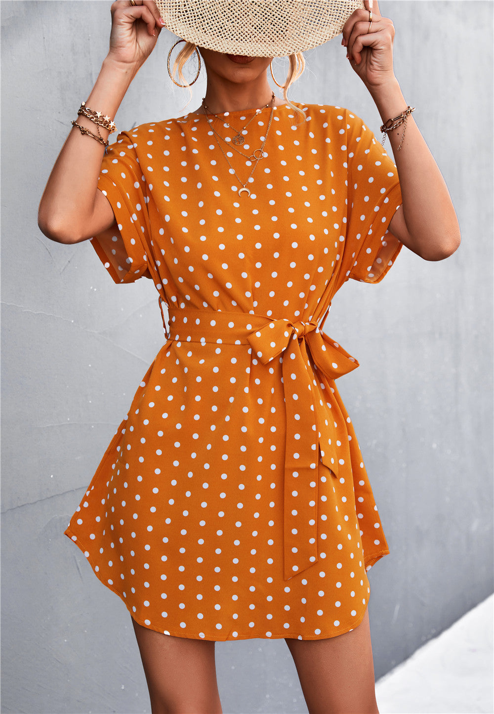 Damen Freizeitkleid mit modischem Punkte-Muster und Taillengürtel R&B