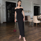 Damen Damenhaftes Maxi-Kleid mit off-shoulder Design und eleganten Knopfdetails R&B
