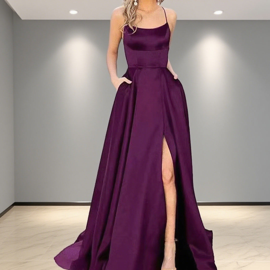 Damen Elegantes Abendkleid mit seitlichem Schlitz und schmalen Spaghetti-Trägern R&B