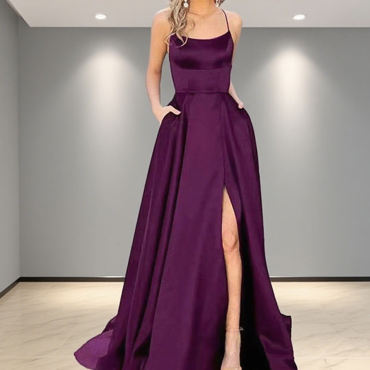 Damen Elegantes Abendkleid mit seitlichem Schlitz und schmalen Spaghetti-Trägern R&B