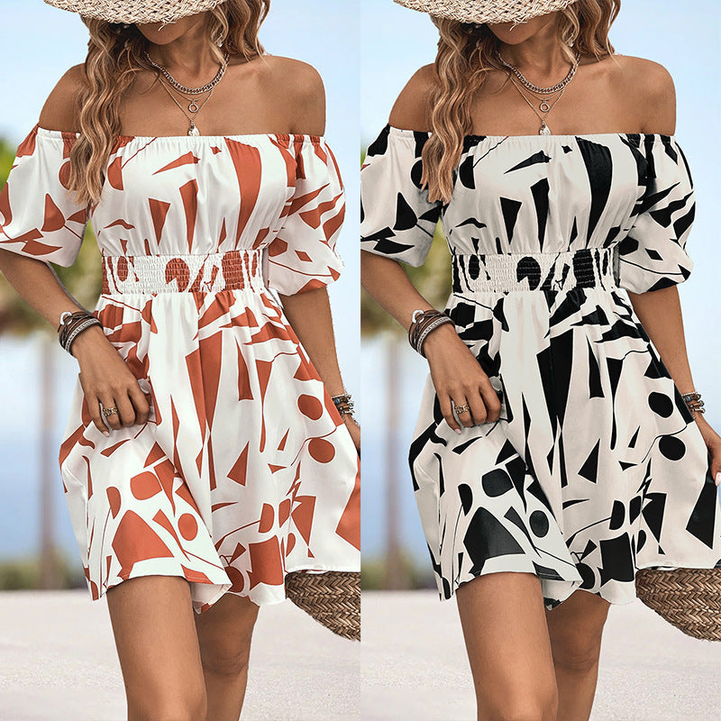 Damen Off-Shoulder Kleid mit elastischem Bund und grafischem Muster R&B