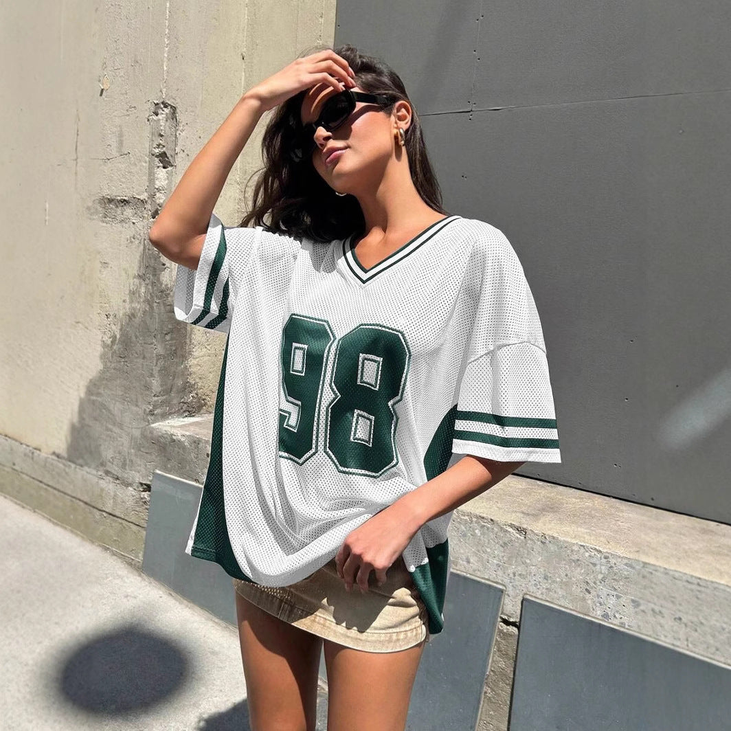 Damen Sportliches Fußballtrikot mit luftiger Netzstruktur und V-Ausschnitt R&B
