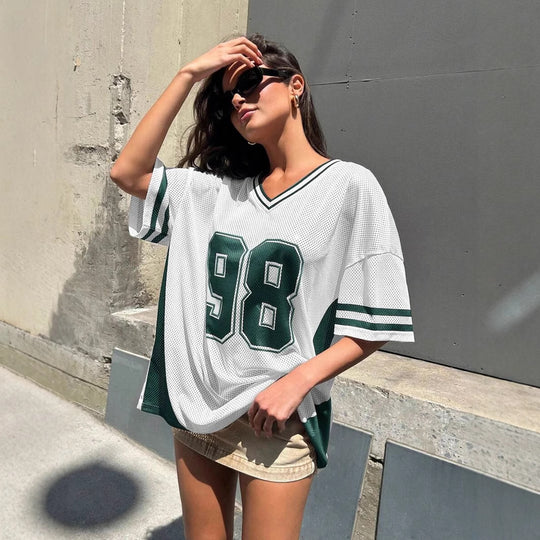 Damen Sportliches Fußballtrikot mit luftiger Netzstruktur und V-Ausschnitt R&B