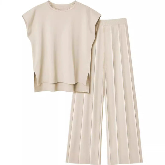 Damen elegantes Set mit kurzärmligem Oberteil und plissierter Hose R&B