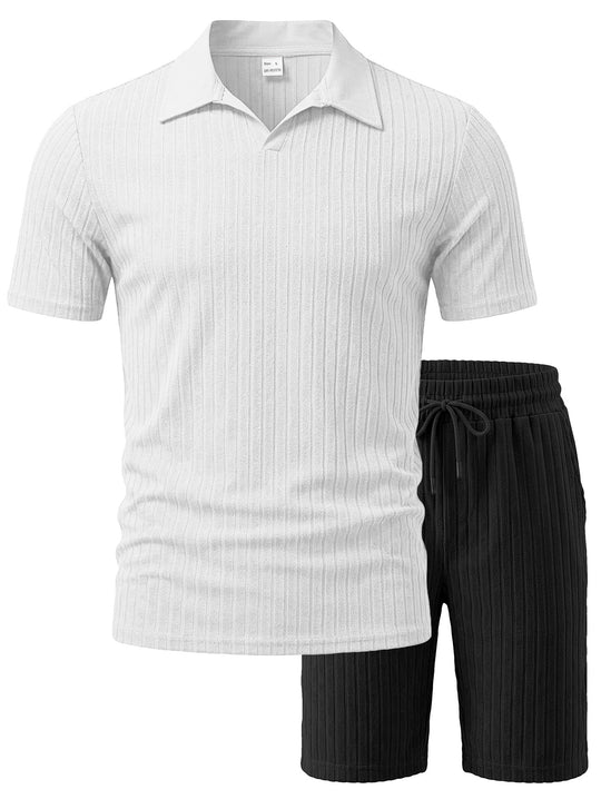 Herren nan Strick-Lounge-Ensemble mit Polokragen V‑Einsatz und Tunnelzug-Bermudas R&B