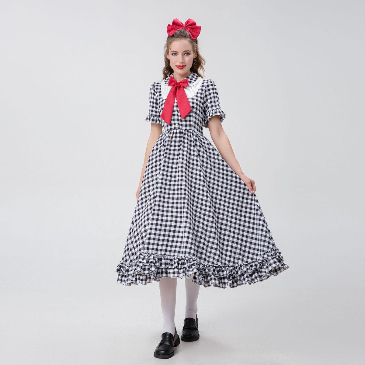 Damen nan Vintage-inspiriertes Karo-Swingkleid mit abnehmbarer Schürze, Rüschenärmeln und Schleifenkragen R&B