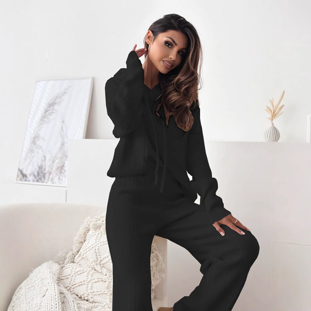 Damen Strick Lounge-Set mit Kapuze und weitem Beinschnitt R&B