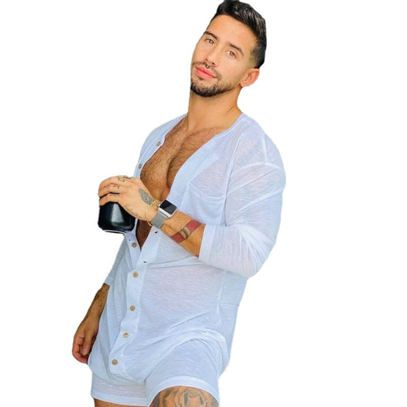 Herren nan komfortabler Kurzoverall mit Rundhalsausschnitt, durchgehender Holzknopfleiste und Brusttasche R&B