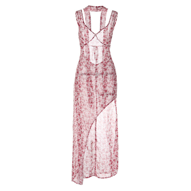 Damen Floral Maxi-Strandkleid mit attraktiven Schlitzdetails und Rückenband R&B