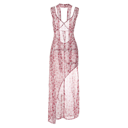 Damen Floral Maxi-Strandkleid mit attraktiven Schlitzdetails und Rückenband R&B