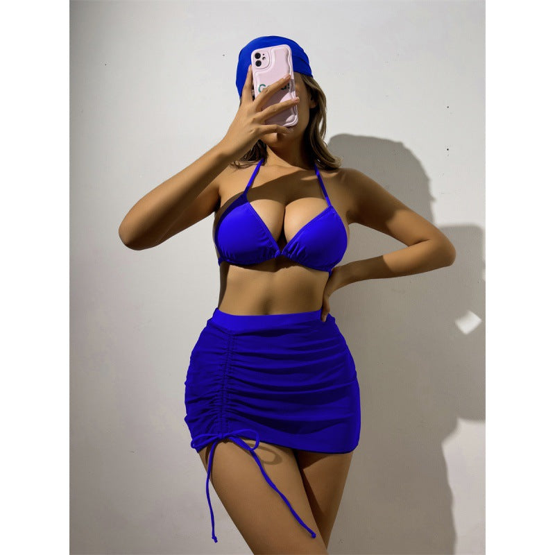 Damen Triangelbikini-Set mit transparentem Überrock und modischem Stirnband R&B