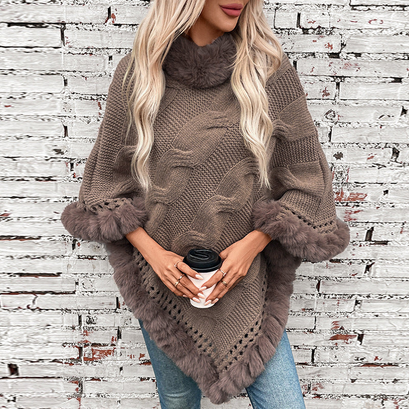 Damen kuschelige Strick-Poncho mit weichem Kunstfellbesatz und Zopfmuster R&B