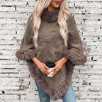 Damen kuschelige Strick-Poncho mit weichem Kunstfellbesatz und Zopfmuster