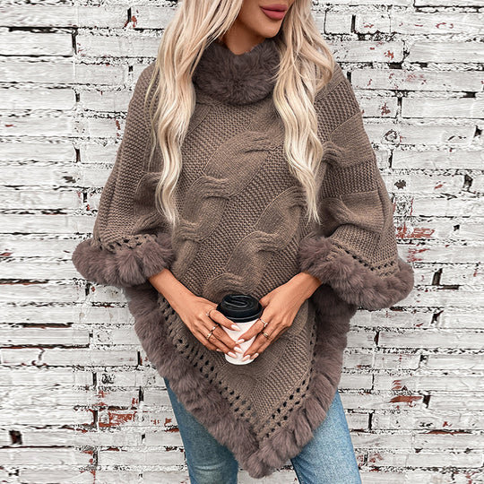 Damen kuschelige Strick-Poncho mit weichem Kunstfellbesatz und Zopfmuster R&B